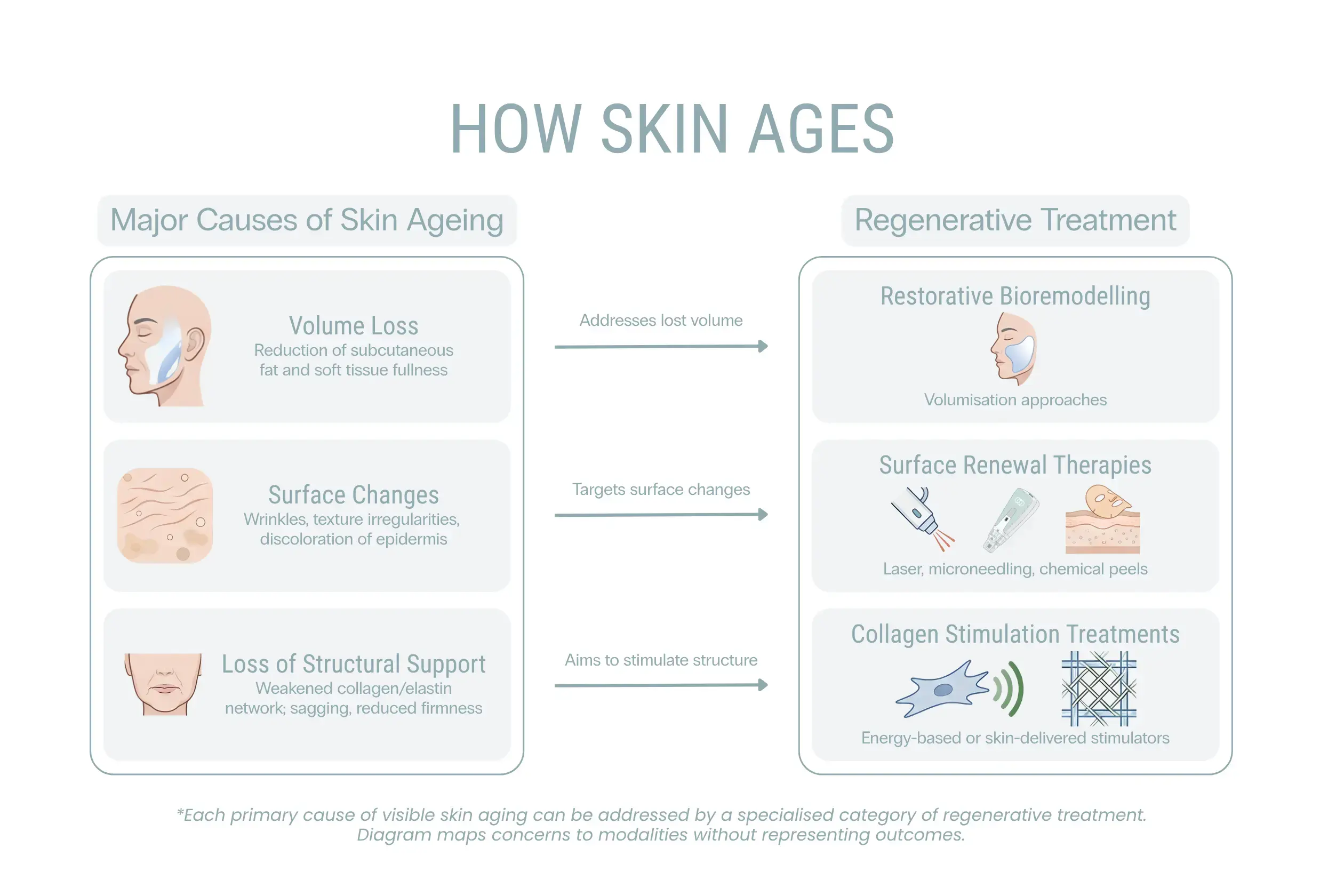 Diagram showing how skin ages with causes and regenerative treatment options with cosmetic doctors at Contour Clinics