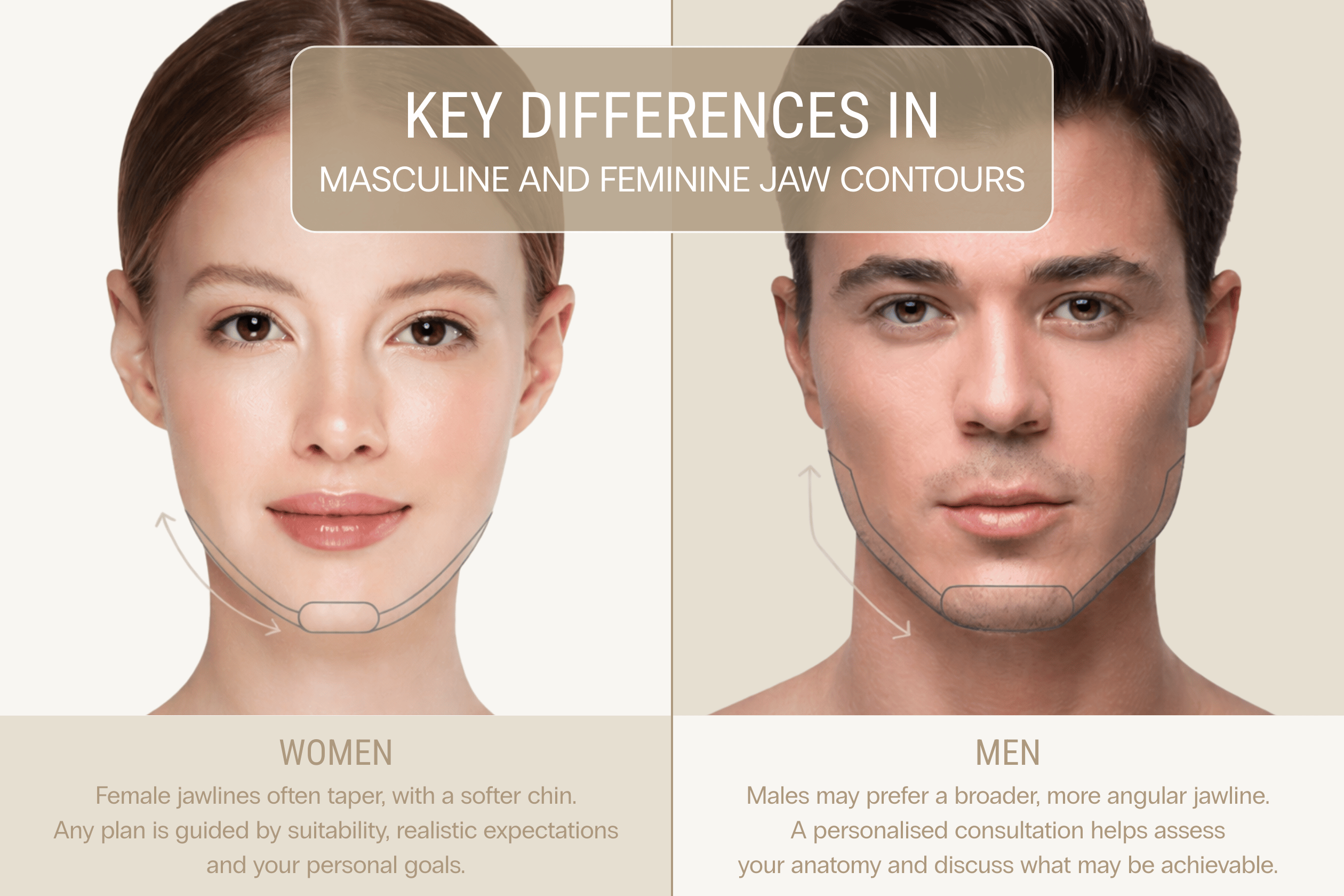 Diagram showing Masculine vs Feminine Jawlines: Understanding the Key Differences with text explaining that: Female jawlines often taper with a softer chin. Males may prefer a broader, more angular jawline.