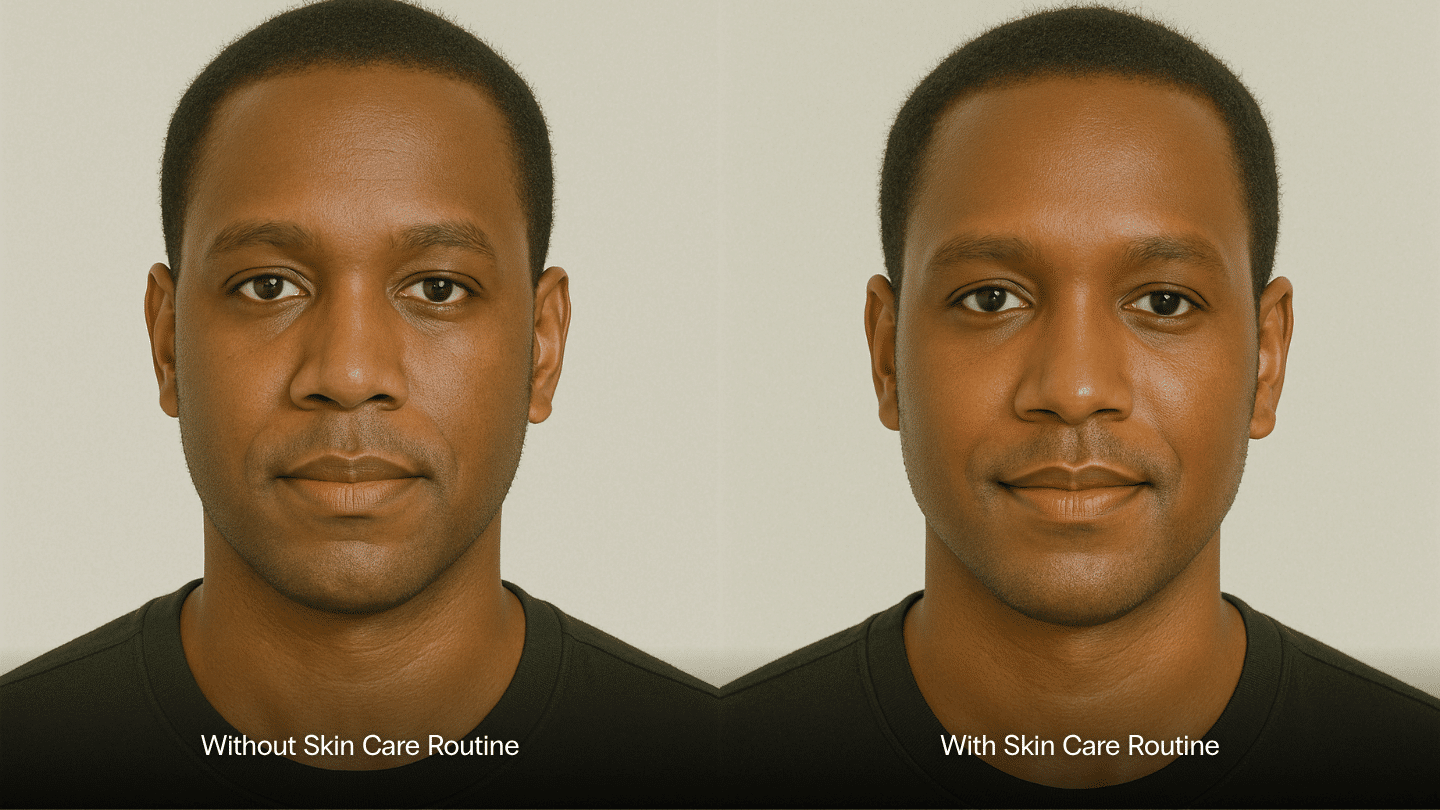 How skincare habits can impact the appearance of your skin - comparison of a person who uses skincare v a person who doesn't on Fitzpatrick Type 5 skin